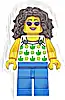 Minifigurka LEGO® twn462 Beach Tourist - Female, White Halter Top with Green Apples and Lime Spots, Blue Legs, Dark Brown Long Tousled Hair, Sunglasses