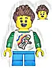 Minifigurka LEGO® twn481 Child - Boy, Classic Space Shirt with Minifigure Floating and Back Print, Dark Azure Short Legs, Reddish Brown Spiked Hair