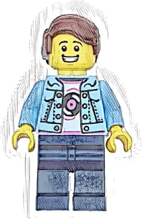 Burger Truck Customer - Male, Bright Light Blue Denim Jacket over Shirt with Record, Dark Blue Legs, Reddish Brown Hair with Cochlear Implant