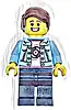 Minifigurka LEGO® twn496 Burger Truck Customer - Male, Bright Light Blue Denim Jacket over Shirt with Record, Dark Blue Legs, Reddish Brown Hair with Cochlear Implant