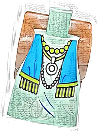 Body Short Dress with Arm Pin Holes with Molded Reddish Brown Backpack and Printed White Flowers, Dark Azure Scarf with Lime Tassels, and Necklaces Pattern