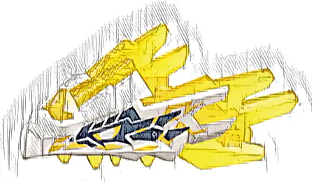 Dragon Head (Ninjago) Jaw with Spikes, 4 Studs and 2 Bar Handles with Molded White Face and Printed Yellow Lightning, Dark Blue Markings Pattern