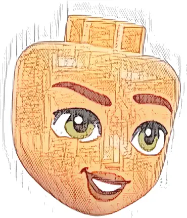 Mini Doll, Head Friends with Reddish Brown Eyebrows Raised, Olive Green Eyes, Dark Orange Lips, and Lopsided Open Mouth Smile with Teeth Pattern