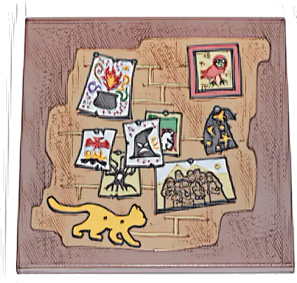 Tile 6 x 6 with Bottom Tubes with Brick Wall with Pinned Photos Red Owl, Black Hat, Cauldron and Tree, and Bright Light Orange Cat Pattern (Sticker) - Set 76437