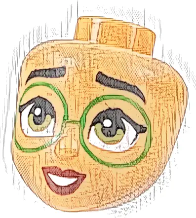 Mini Doll, Head Friends with Black Eyebrows, Large Bright Green Glasses, Olive Green Eyes, Dark Red Lips, Open Mouth Smile with Teeth Pattern