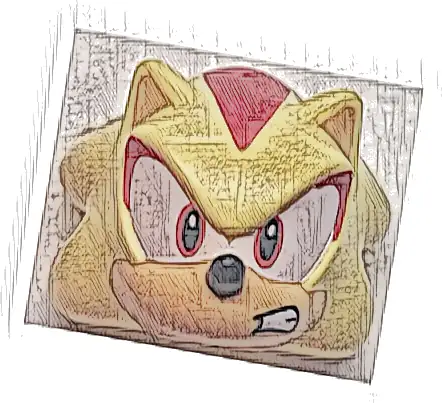 Minifigure, Head, Modified Hedgehog, Shadow with Molded Medium Tan Face and Inner Ears and Printed Red Streaks, Eyes on White Background, Black Nose and Open Mouth Scowl Pattern