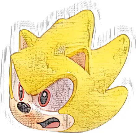 Minifigure, Head, Modified Hedgehog, Super Sonic with Molded Light Nougat Face and Inner Ears and Printed Red Eyes on White Background, Black Nose and Open Mouth with Tongue Pattern