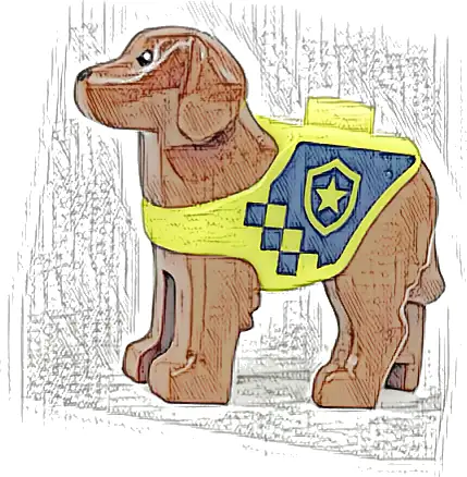 Dog, Labrador / Rescue Dog with Molded Neon Yellow Vest and Printed Dark Blue Panel and Squares with Police Badge Pattern