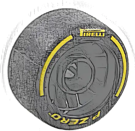 Wheel 24 x 13.4 with Pin Hole with Molded Black Hard Rubber Tire and Printed Yellow 'PIRELLI', 'P ZERO' and Arcs Pattern