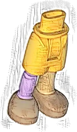 Część LEGO® 105316c00pb01 Mini lalka, biodra i szorty z formowaną średniotanową lewą nogą, lawendową protezą prawej nogi i średnobrunatowymi butami (wzór) - gruby zawias