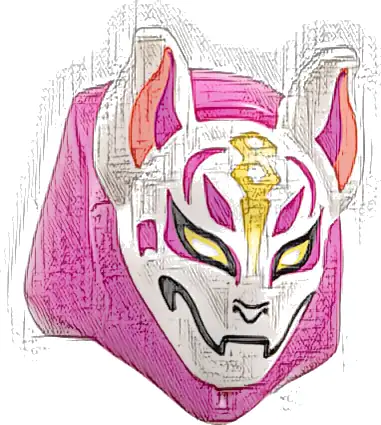 Minifigure, Headgear Hood with Molded White Kitsune Fox Mask and Printed Coral and Magenta Auricles, Gold Eyes and Trim, Black Nose and Mouth Pattern