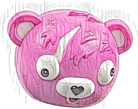 Minifigure, Headgear Mask Bear Rounded with Molded White Auricles, Eyes, Muzzle and Scar and Printed Black Heart Nose, Red Tongue, Magenta Left Eye and Dark Purple Right Eye Pattern