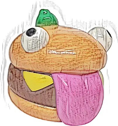 Minifigure, Head, Modified Burger with Molded Reddish Brown Patty, Dark Pink Tongue and White Eyes and Printed Black Pupils, Yellow Cheese Slice and Bright Green Olive Pattern