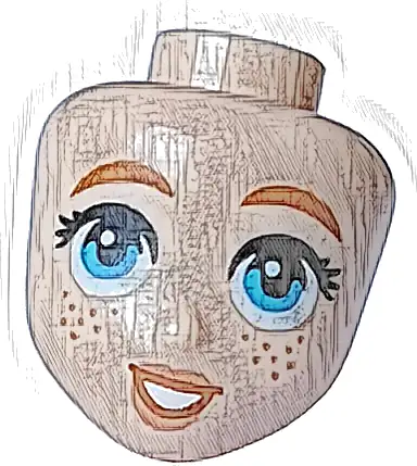 Część LEGO® 105816 Mini lalka, głowa Friends z ciemnopomarańczowymi brwiami, ciemno lazurowymi oczami, piegami i ustami w kolorze nougat, otwarty uśmiech z białymi zębami (wzór)