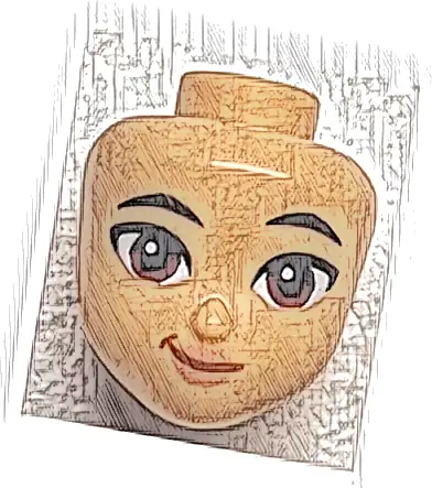 Mini Doll, Head Friends with Black Eyebrows, Reddish Brown Eyes, Nougat Lips, and Dark Orange Lopsided Grin Pattern