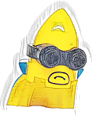 Minifigure, Head, Modified Minion, Pointed with Cape with Molded Black Goggles and Printed Blue Cape and Yellow Mouth Pattern