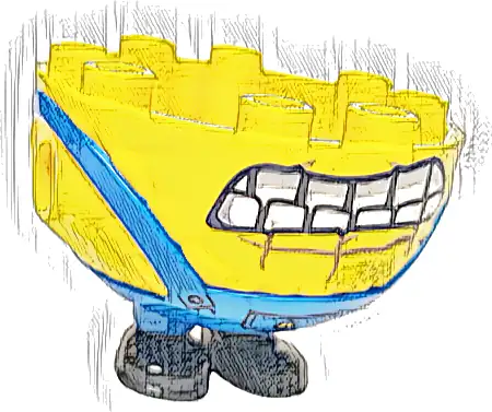 Lower Body, Rounded, Extra Wide and Short, Short Legs with Molded Black Shoes and Blue Overalls and Printed Black Mouth with White and Light Bluish Gray Teeth, Buttons, and Pocket with Minions Letter 