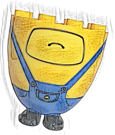 Lower Body, Rounded, Extra Wide and Long, Short Legs with Molded Black Shoes and Blue Overalls and Printed Frown on Yellow Background, Buttons, and Pocket with Minions Letter M Logo Pattern