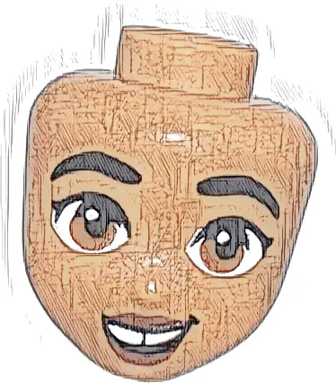 Mini Doll, Head Friends with Black Thick Eyebrows, Dark Orange Eyes, Dark Brown Lips, Lopsided Open Mouth Smile with Top Teeth with Gap Pattern