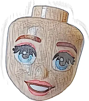 Część LEGO® 109610 Mini lalka, głowa Friends z czerwonobrązowymi brwiami, czarnymi rzęsami, jasno-niebieskimi oczami, koralowymi ustami i cieniem do powiek, uśmiech otwartymi ustami z białymi zębami, wzór