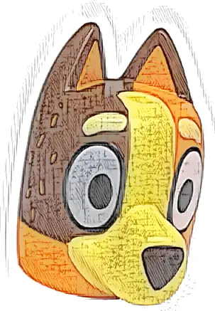 Minifigure, Head, Modified Dog (Cattle) with Curved Ears, Hole on Top with Molded Reddish Brown Top and Bright Light Yellow Muzzle and Markings and Printed Eyes, Eyebrows, Fur, Dark Brown Nose Pattern
