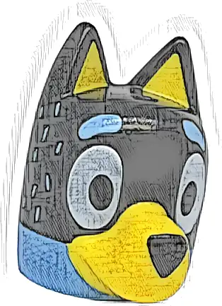 Minifigure, Head, Modified Dog (Cattle) with Straight Ears, Hole on Top with Molded Black Top and Yellow Muzzle and Auricles and Printed Eyes, Nose, Bright Light Blue Eyebrows and Fur Pattern
