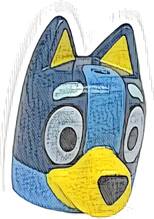 Minifigure, Head, Modified Dog (Cattle) with Straight Ears, Hole on Top with Molded Dark Blue Top and Yellow Muzzle and Auricles and Printed Eyes, Light Aqua Eyebrows, Medium Blue Markings, Black Nose
