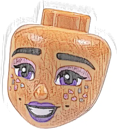 Część LEGO® 110328 Mini lalka, głowa Friends z czarnymi grubymi brwiami, pojedynczymi rzęsami, ciemnofioletowymi oczami i ustami, metalicznie różowym cieniem do powiek, metalicznie jasnoniebieskimi iskierkami, dołeczkami i uśmiechem z otwartymi ustami i zębami (wzór)