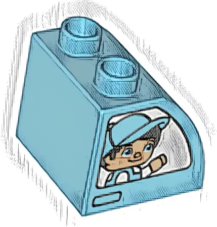 Duplo, Brick 2 x 2 x 1 1/2 Slope Curved with Boy with Cap, Girl with Bow, and White Vehicle Windows Pattern