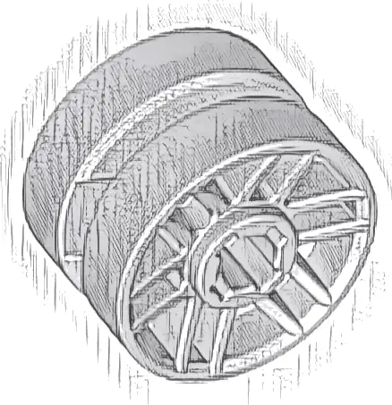 Wheel 14mm D. x 9.9mm with Center Groove, Fake Bolts and 6 Double Spokes