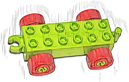 Duplo Car Base 2 x 6 with Open Hitch End and Red Wheels with Fake Bolts