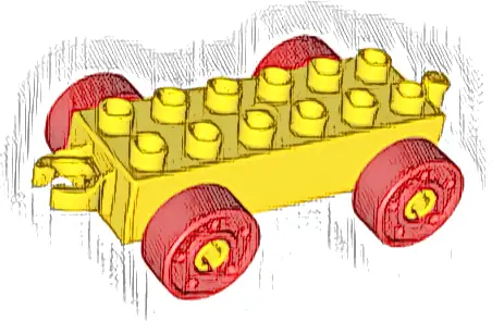 Duplo Car Base 2 x 6 with Open Hitch End and Red Wheels with Fake Bolts