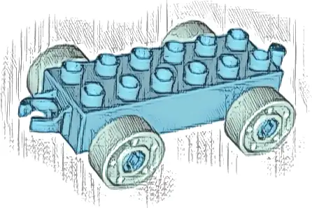 Duplo Car Base 2 x 6 with Open Hitch End and Light Aqua Wheels with Fake Bolts