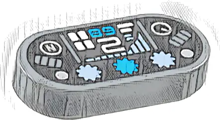 Tile, Round 1 x 2 Oval with Dashboard with Dark Azure '89' / '68', White Number 2, Silver Capital Letter N in Circle, Dots and Gauge, Bright Light Blue Bar Graph and Lights on Black Background Pattern