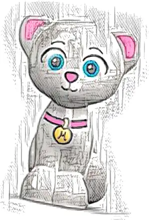 Cat, Friends / Elves, Sitting with Medium Azure Eyes, Bright Pink Nose, Ears, and Collar, Gold Tag with Letter M Pattern (Marcel)