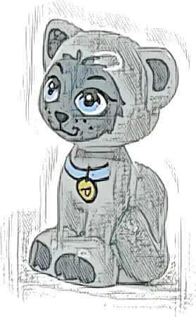 Cat, Friends / Elves, Sitting with Bright Light Blue Eyes and Collar with Gold Tag, Black Nose, Dark Bluish Gray Ears, and Patches Pattern (Gertrude)