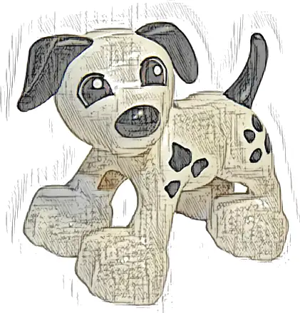 Duplo Dog with Reddish Brown Eyes and Black Ears, Nose, Tail, and Spots Pattern