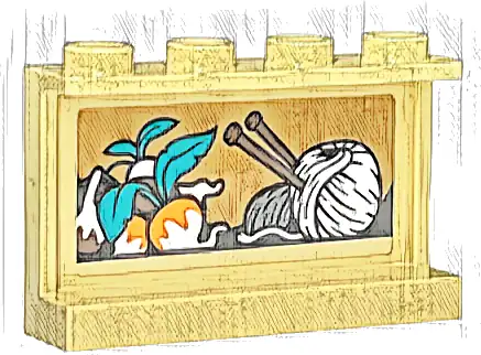 Panel 1 x 4 x 2 with Side Supports - Hollow Studs with Light Bluish Gray and White Yarn, Reddish Brown Knitting Needles and Orange Root Vegetables with Dark Turquoise Leaves Pattern (Sticker) - Set 76