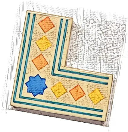 Tile 2 x 2 Corner with Orange and Yellow Squares, Blue Star, Dark Turquoise Border Lines Pattern