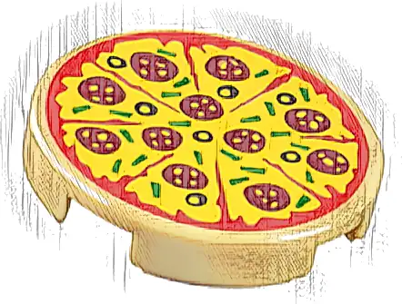 Tile, Round 2 x 2 with Bottom Stud Holder with Sliced Pizza with Red Tomato Sauce, Yellow Cheese, Dark Red Pepperoni, Black Olives, and Green Bell Peppers Pattern