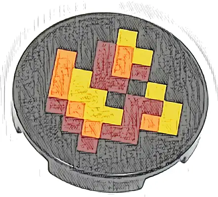 Tile, Round 2 x 2 with Bottom Stud Holder with Pixelated Dark Red, Orange and Yellow Fire Pattern