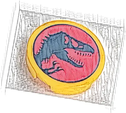 Tile, Round 2 x 2 with Bottom Stud Holder with Jurassic World Logo, Dark Blue Dinosaur Skull Silhouette on Red Background Pattern