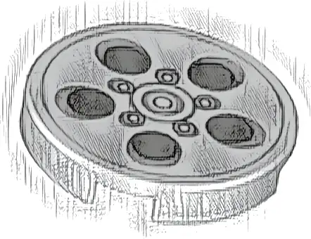Tile, Round 2 x 2 with Bottom Stud Holder with Alloy Wheel with Black and Silver Circles Pattern