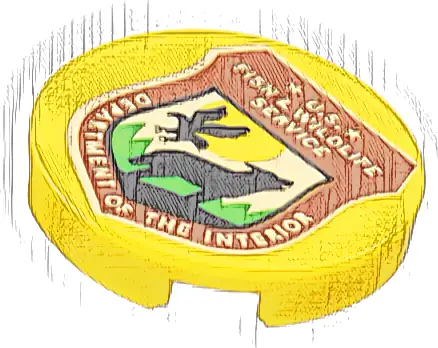 Tile, Round 2 x 2 with Bottom Stud Holder with Reddish Brown Shield, Black Wolf, Bird, 'U.S. FISH & WILDLIFE SERVICE DEPARTMENT OF THE INTERIOR' Pattern