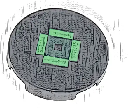 Tile, Round 2 x 2 with Bottom Stud Holder with Pixelated Bright Green Rectangles and Dark Green Square Pattern (Minecraft Music Disc / Record)