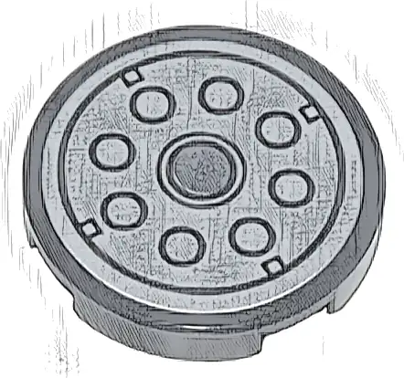 Tile, Round 2 x 2 with Bottom Stud Holder with Silver Reflector with Dark Bluish Gray Circles Pattern (Sticker) - Set 10298