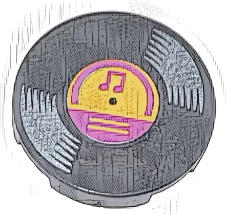 Tile, Round 2 x 2 with Bottom Stud Holder with Vinyl Record with Bright Light Orange and Magenta Center and Musical Notes Pattern