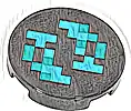 Część LEGO® 14769pb601 Płytka Okrągła 2 x 2 z Dolnym Gniazdem i Pikselowymi Kształtami i Kwadratami w Kolorze Średniego Lazuru i Ciemnoturkusowym, Wzór (Minecraft Sculk Shrieker)