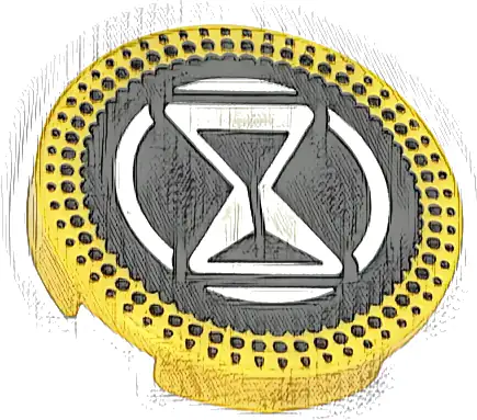 Tile, Round 2 x 2 with Bottom Stud Holder with White Hourglass and Circle on Black Background with Dotted Border Pattern