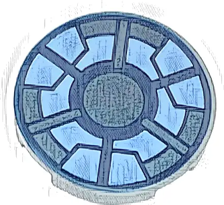 Tile, Round 2 x 2 with Bottom Stud Holder with Dark Blue, Metallic Light Blue, and Bright Light Blue Arc Reactor Pattern